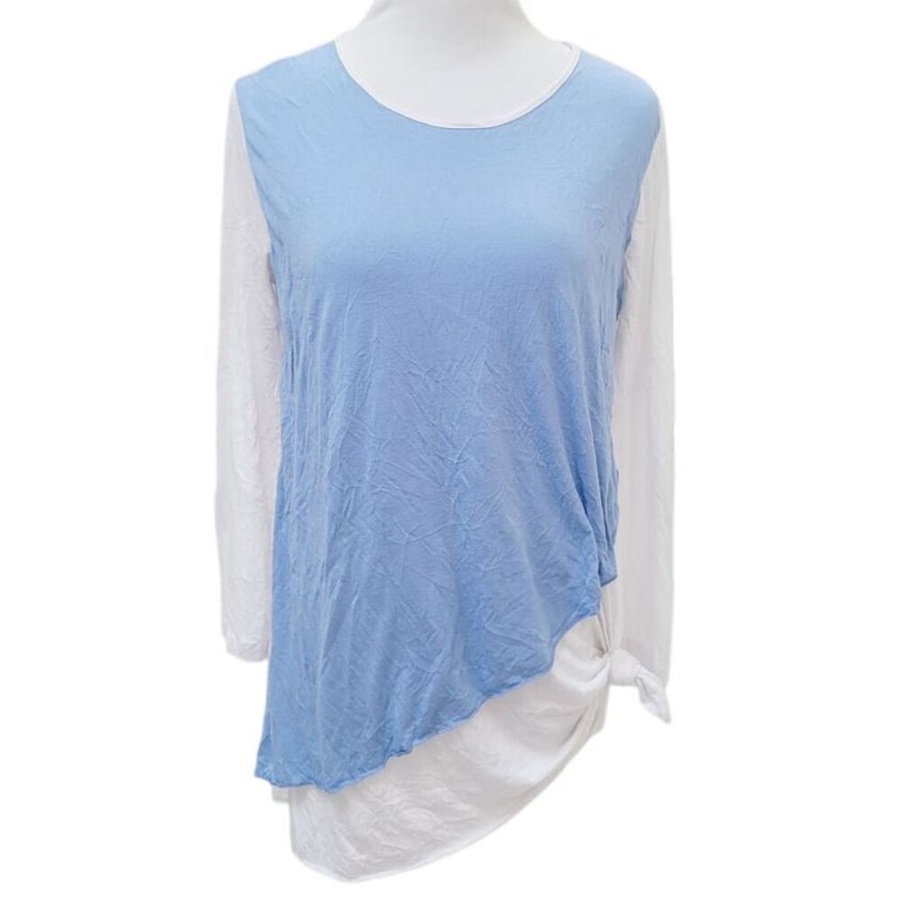 Comfy USA XS Blue White Asymmetrical Layer Crinkle Tunic Top Lightweight Coastal